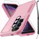 RMOCR Case for Samsung Galaxy S25, Full Body Heavy Duty Rugged Shockproof Protective Phone Cover with Lanyard Strap, Tempered Glass Screen Protector and Camera Lens Cover, Cute Pink