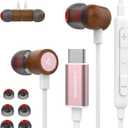 USB C Headphones for iPhone 16, Type C Earbuds Red Pear Wood Wired HiFi Stereo with Remote & Mic, USB C Earphones Compatible with iPhone 16/15 Pro Max, Galaxy S23, iPad Device with Type C, Rose Gold