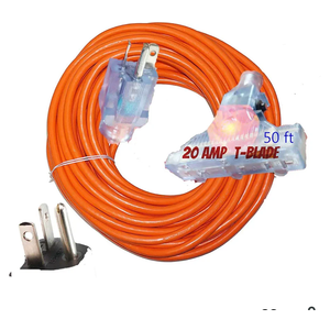 20 amp T Blade Extension Cord 10/3 Triple Outlet NEMA 5-20 amp Extension Cord 125 Volts 2500 Watts T-Blade Plug All Copper Wire 10 Gauge Extension Cords 50 ft 20 amp Extension Cords 200 ft
