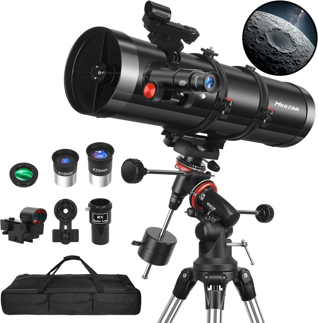 MEEZAA Telescope, 150EQ Newtonian Reflector Telescope for Adults Astronomy Beginners, Professional Astronomical Telescopes with Equatorial Mount, Phone Adapter, Tripod, Moon Filter and Large Carry Bag