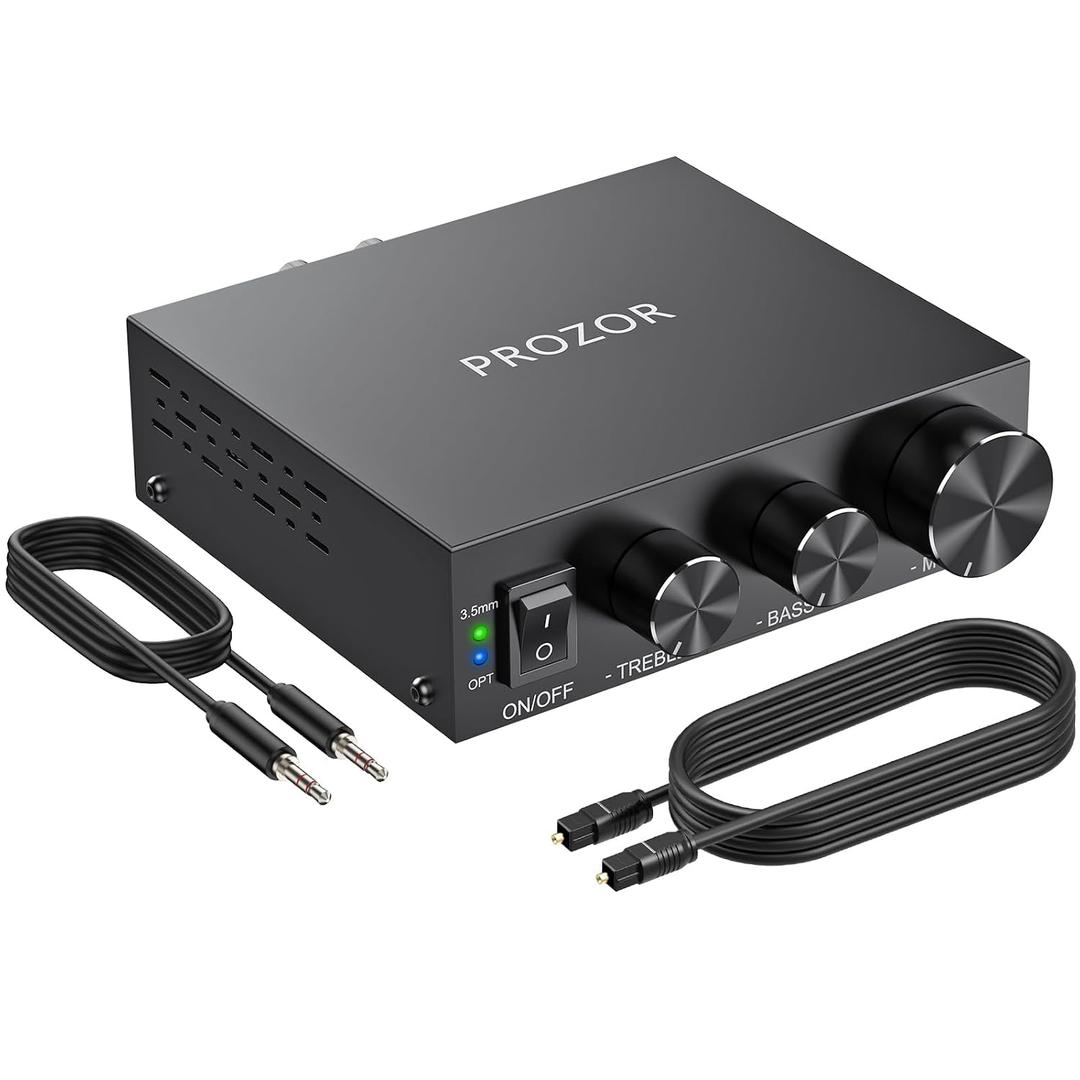 PROZOR 2 Channel DAC Amplifier TPA3221 Mini Stereo Amp 100W+100W Peak, 192kHz/24bit DAC, Optical&3.5mm Inputs, 24V 4.5A Powered Desktop Amp for Passive 48 Speakers for TV/PC/Laptop