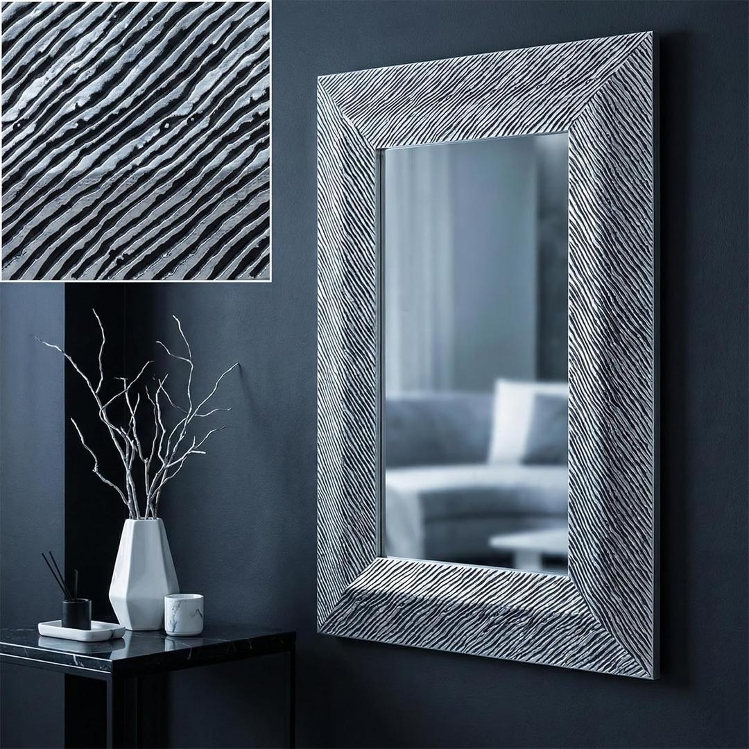 ULIKE Premium Two-Tone Designer Mirror 24x36 for Bathroom, Black and Silver Textured Frame Rectangle Wall Mirror, Tempered Shatter-Proof Decorative Mirror for Living Room Bedroom Entryway