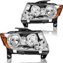 Headlights Assembly Pair for 2011-2013 Jeep Grand Cherokee / 2011-2017 Jeep Compass Halogen Headlamps Replacement Driver and Passenger Side (RH LH),Chrome Housing Amber Reflector