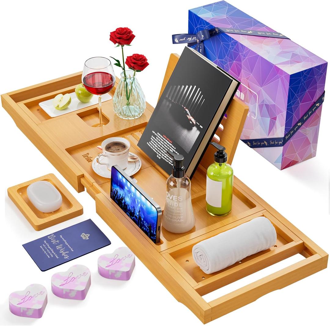 Yirilan Lux Expandable Bathtub Tray Caddy with 3 Bath Bombs-Self Care and Relaxation Birthday Gifts for Women and Men, Housewarming Gift Idea, for Mom Sister Daughter Wife