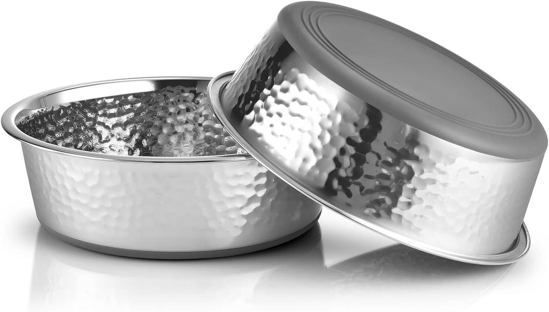 URBUDDIES 2 Pack Hammered Stainless Steel Dog Bowls, Premium Metal Dog Bowls with Non Slip Rubber Bottom, Dishwasher Safe, Easy to Clean, 4 Cup, Gray Bottom