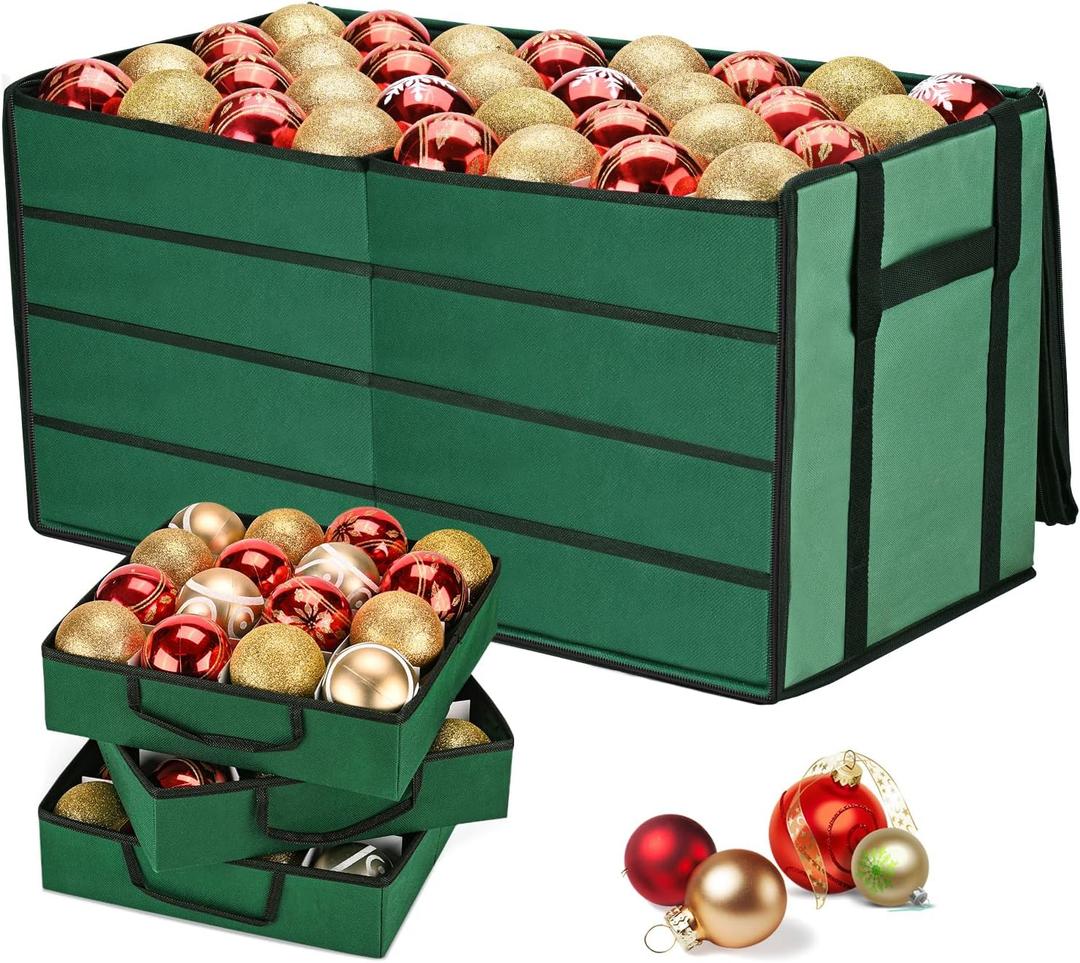 Christmas Ornament Storage Box, Ornament Organizer with 8 Removable Trays and Adjustable Dividers Holds 128 Pcs Decoration Balls, Dual Zipper for Christmas Ornament Storage (Green)