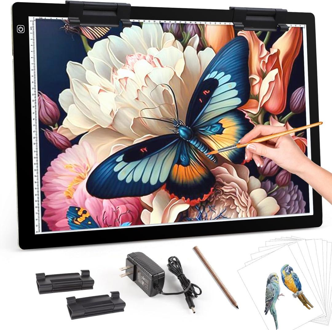 Zocelight A2 Light pad,7mm Ultra-Thin led Light Box,3 Levels Dimming/Stepless Dimming Light Table with 2 Clips and 12V 2A Adapter,Large Light Board for Diamond Painting,Drawing,Sketching,Tattoo