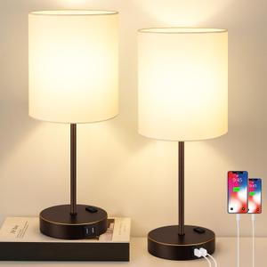 Lynnoland 2 Pack Touch Control Table Lamps with 2 USB & AC Outlet, 3-Way Dimmable Bedside Nightstand Lamps for Bedroom Living Room Nursery, 800 Lumens 3000K Warmlight Bulbs Included (White & Brown and Gold(Base)-Two 3000K Bulbs)