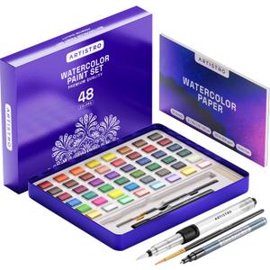 ARTISTRO Watercolor Paint Set, 48 Vivid Colors in Portable Box, Including Metallic and Fluorescent Colors. Perfect Travel Watercolor Set for Artists, Amateur Hobbyists and Painting Lovers (Premium Home)