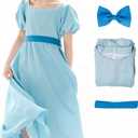 Kids Blue Dress Costume Cosplay Girls Princess Dress Summer Dress Blue Skirt Belt Bow Headwear Outfit Halloween Suit, Medium