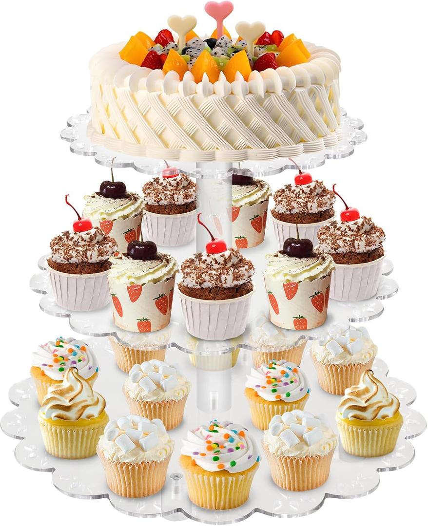 Acrylic Cupcake Stand with Lace Edge, 3 Tier Round Clear Cake Stand Cupcake Display Tower Rack Cookie Macarons Donut Stand Desserts Serving Tray Table Centerpiece for Birthday Wedding Party Decor (2#)