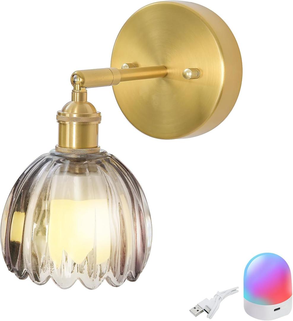 Battery-Operated Vintage Tulip Wall Sconce, RGBWCCT Rechargeable Bulb with 9 Colors, Tulip Smoke-Grey Glass and Brass Metal Frame, 90 Swivel Head, for Living Room Bedroom Hallway