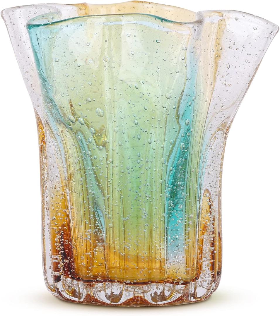 Hand Blown Glass vase, Wide Mouth Petal vase, Colorful Modern Glass Art Home Decor vase for Family Living Room, Wedding Scene, Dining Table Center, Entrance Table top