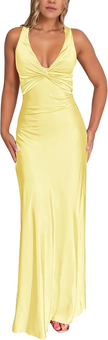 Women's Summer Elegant Sexy Satin Dress High Slit Cocktail Party Wedding Bridesmaid Maxi Dresses (Large, Yellow)