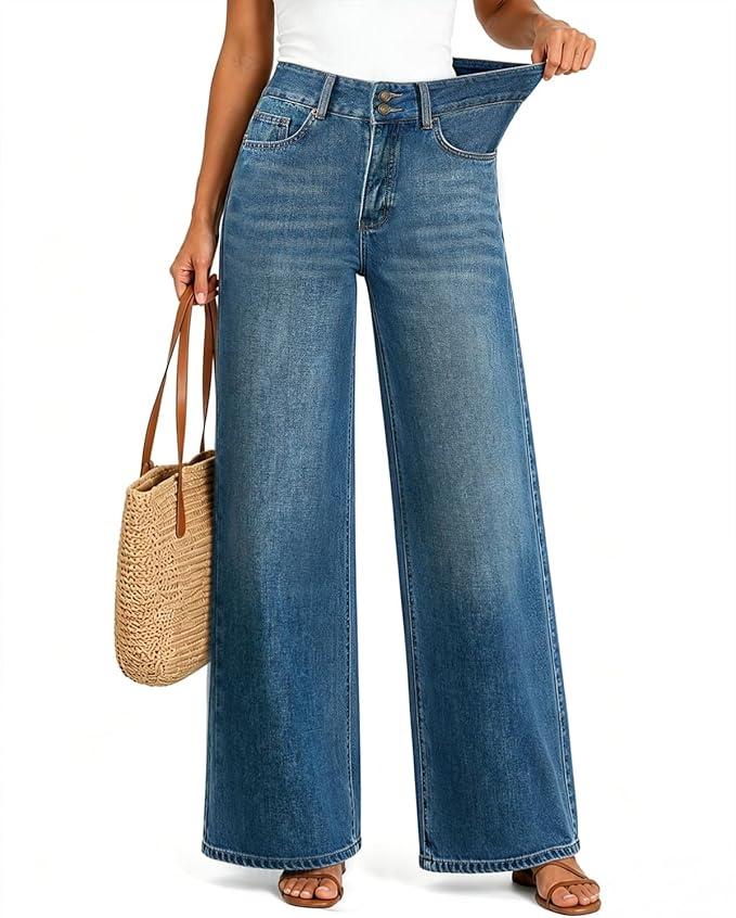 Women’s High Waisted Baggy Jeans – Stretchy Wide Leg Tummy Control Straight Leg Denim Pants Trendy Jeans for Women, L
