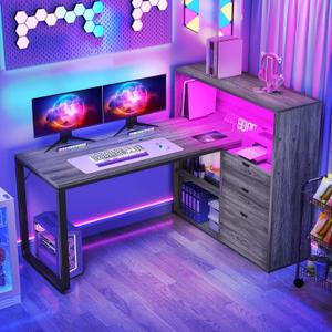 DWVO L Shaped Desk with Drawers, 55" Corner Computer Desk with Bookshelf & Power Outlets & LED Lights, Home Office Desk with Storage Shelves, Grey, Large