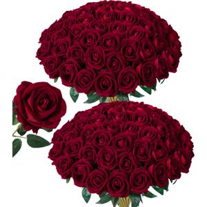 50 PCS Burgundy Roses Artificial Flowers, Fake Roses with Stem Realistic Silk Roses for DIY Wedding Bouquets Table Centerpieces Arrangements Baby Shower Birthday Home Decor Valentines Day Gift for Her