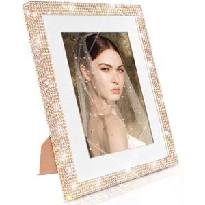 8x10 Bling Picture Frame, Display Pictures 5x7 with Mat or 8x10 Without Mat, Tabletop or Wall Mount Glitter Shiny Crystal Photo Frame With Sparkle Glass Rhinestones, Horizontally or Vertically (Golden)