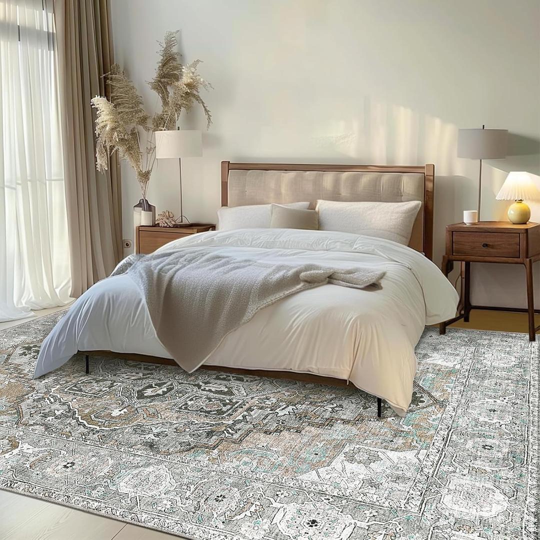Area Rugs for Living Room - 8x10 Area Rugs, Machine Washable Rugs 8x10, Non-Slip, Stain Resistant Soft Boho Vintage Large Carpet Low Pile Thin Rugs for Living Room Bedroom (Gray/Mint Green)