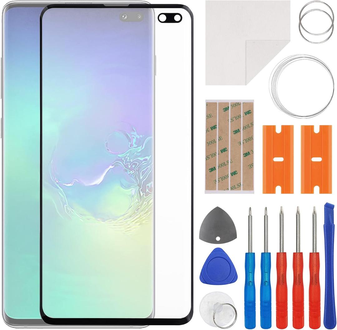 Front Screen Glass Outer Panel Lens Replacement +OCA Compatible with Samsung Galaxy S10+ S10 Plus SM-G975 (No LCD Screen and Touch Digitizer) with Repair Kit
