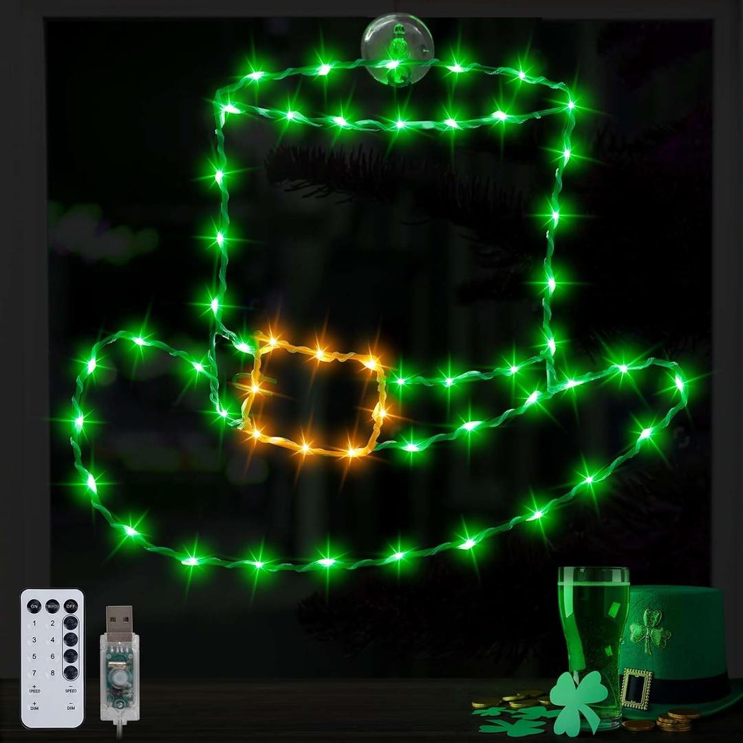 St Patricks Day Decorations Leprechaun Hat Window Lights, 15 inch Large St Patrick Window Silhouette Lights with USB Plug,St Patricks Day Lights for Irish St Patrick's Day Decor Indoor Outdoor