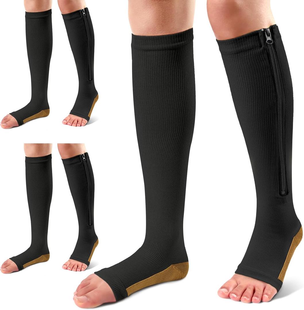Ailaka 3 Pairs Compression Socks with Zipper, 15-20 mmHg Medical Knee High Compression Socks for Men Women, Open Toe Socks for Varicose Veins, Edema, Recovery (Black Copper)