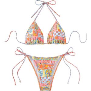 ZAFUL Triangle Bikini for Women 2 Piece Halter Bikini Sets Sexy High Cut Bathing Suit Side Tie Swimsuits (Small, 1-tribal Orange)