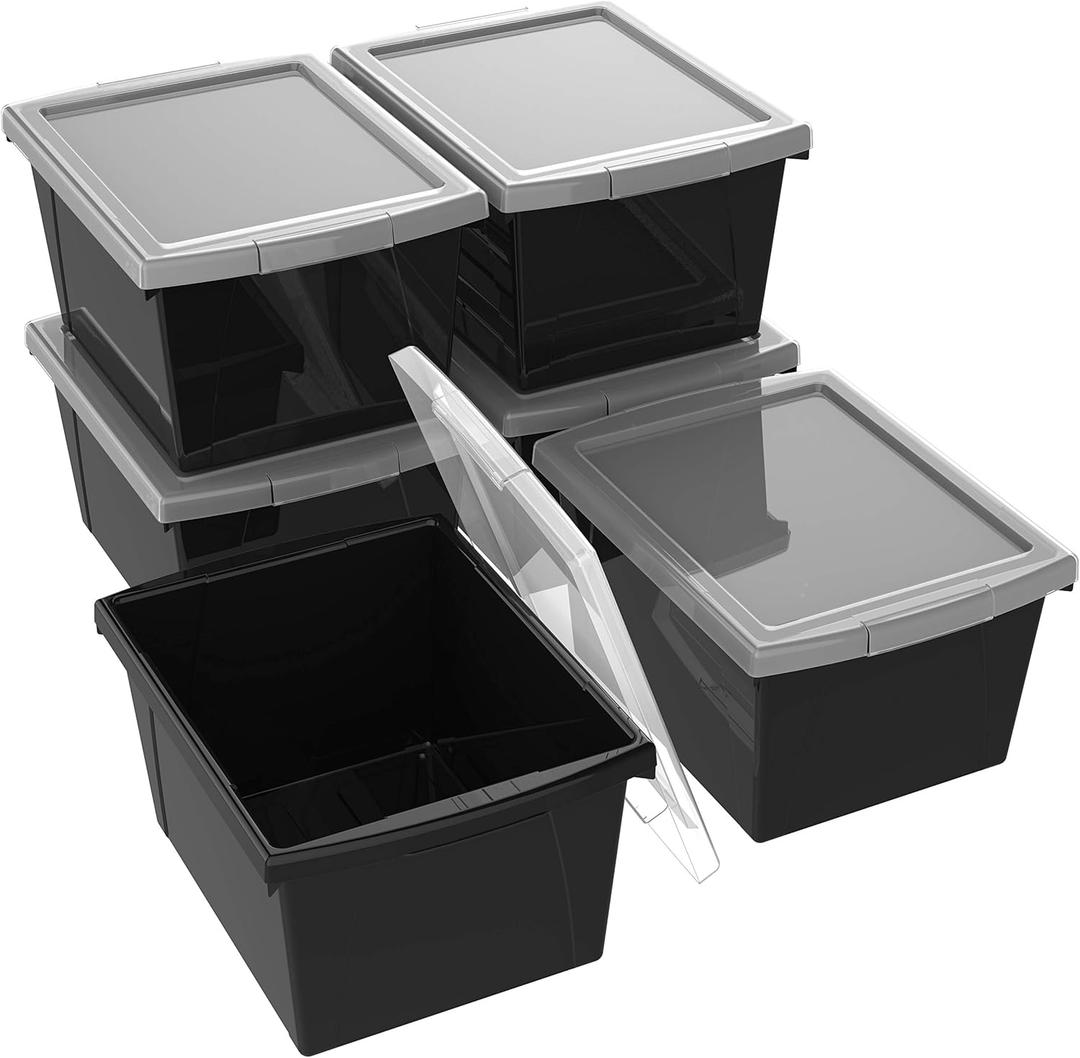 Storex 4 Gallon Storage Bin with Lid  Plastic Classroom Organizer for Books and Supplies, Black, 6-Pack (61427U06C),Exterior Measures 13-5/8 x 11-1/4 x 7-7/8 inches