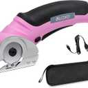 VLOXO Cordless Electric Scissors, Cardboard Cutter with Safety Lock 4.2V Electric Mini Cutter Power Rotary Scissors for Leather Felt Rug Box with Storage Box Pink