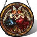 Round Angel Stained Glass Style Sun Catcher Window Hanging Decorative Panel for Home Window Light Catching Art Gift 7.8inch