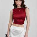 WDIRARA Women's Satin Crop Top Tie Back Backless Sleeveless Ruched Party Blouse Tops (S)