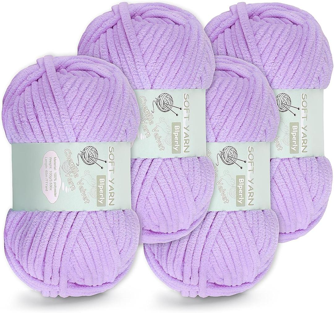 Chunky Chenille Yarn Velvet Soft Super Bulky Size 6 for Crocheting Knitting, Baby Blanket Yarn, 100g 71 Yds per Skein, Easy to Use for Scarves, Amigurumi, Crafts (4, Light Purple)
