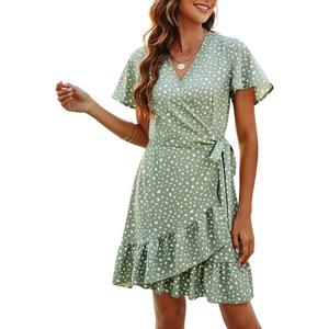 Naggoo Women's Summer Wrap Dresses V Neck Polka Dot Print Ruffle Short Sleeve Mini Floral Boho Dress with Belt (08 Sage Green Dot Beige)