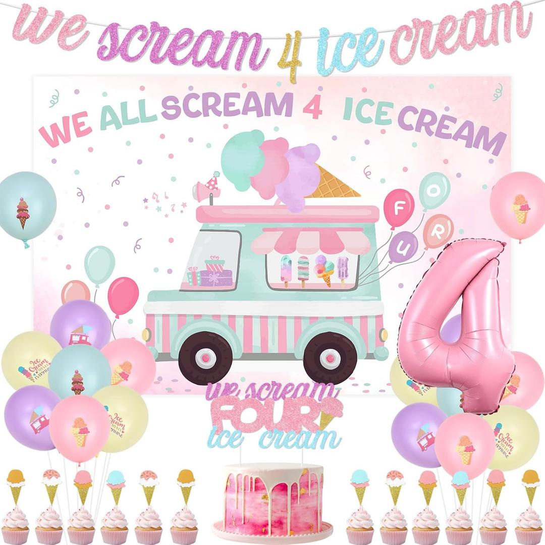 4th Ice Cream Birthday Party Decor We All Scream 4 Ice Cream Birthday Party Decor with We All Scream 4 Ice-Creams Backdrop Banner Cake Topper Sweet Summer Party Favors for 4th Girl