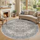 8ft Round Rug for Living Room: 8x8 Washable Vintage Gray Brown Area Rug, Large Non Slip Soft Stain Resistant Indoor Floor Carpet for Bedroom Dining Decor Home Office Kid & Pet Friendly