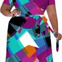 Women's Plus Size Casual Pleated Dress Summer Short Sleeve Flowy Swing Dress Loose Beach Dresses (X-Large Plus, Cyan Purple)