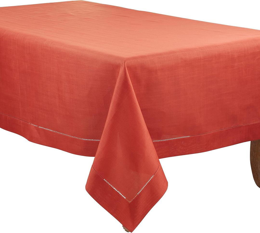SARO LIFESTYLE Rochester Collection Hemstitched Border Tablecloth, 70"x140", Terracotta