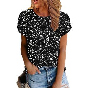 Dokotoo Women's Casual Round Neck Basic Pleated Tops Short Sleeve Loose Fit Curved Keyhole Back Chiffon Blouses Tshirts (Large, Black Print)