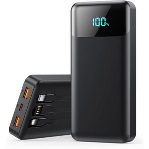 Portable Charger 40800mAh Power Bank with 3 Built-in Cable,25W PD USB C in&Out Power Bank Fast Phone Charging,QC4.0 LED Display Portable Battery Pack Compatible with iPhone 16/15, Galaxy Android-Black
