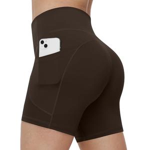Runhit Biker Shorts Women Spandex Yoga Gym Workout Running Athletic No Front Seam High Waisted Tummy Control Seamless Compression Pockets 6" Brown XL