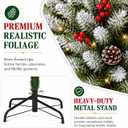7FT Pre-Lit Artificial Christmas Tree, Snow Flocked Hinged Pine Tree with Warm White Lights, Red Berries & Pine Cones, Full Realistic Xmas Tree for Holiday Indoor Home Office Christmas Decorations