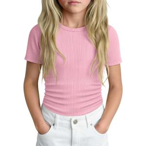 Girls' Ribbed Knit T-Shirt Short Sleeve Crew Neck Top Soft Slim Fit Shirt Kids Casual Basic Tee Summer 5-14 Years (Pink)