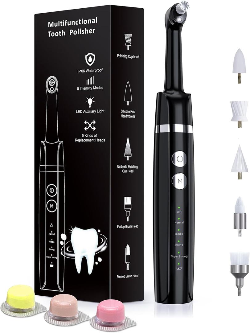Tooth Polisher, Rechargeable Tooth Whitening Kit for Teeth Cleaning and Whitening, with 3 Tooth Polish Paste and 5 Brush Heads, LED Light, Easy to Use atHome Personal Dental Care Kit (Black)