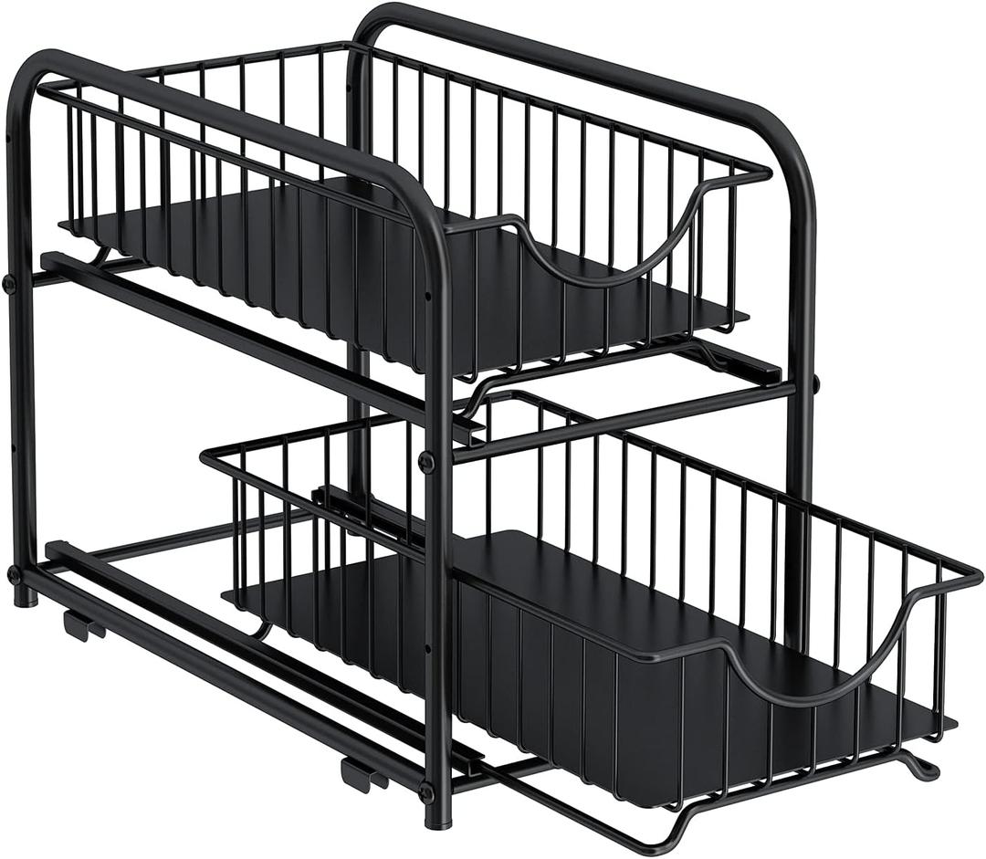 AIYAKA Pull-out Cabinet Organizer, Stackable 2-tier Under Sink Rack, with Sliding Storage Drawer for Pantry, and Desktop, for Bathroom, Kitchen, Office, Black