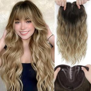 Hair Toppers for Women, 20 Inch Hand Tied Breathable Toppers Hair pieces for Women with Thinning Crown Wispy Bangs Mix Human Hair Clip in Curly Lightweight Wiglets (Mixed Brown to Blonde Dark Root)