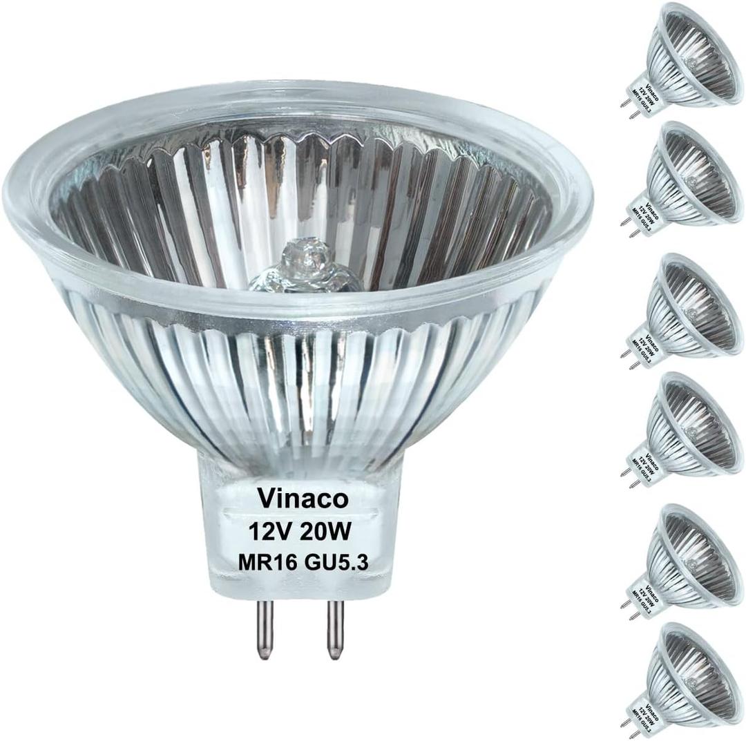 Vinaco 6 Pack MR16 Halogen Bulb 20W 12V, 2800K Warm White, Dimmable, GU5.3 Base, 300 Lumens, 3000 Hour Life, Indoor/Outdoor