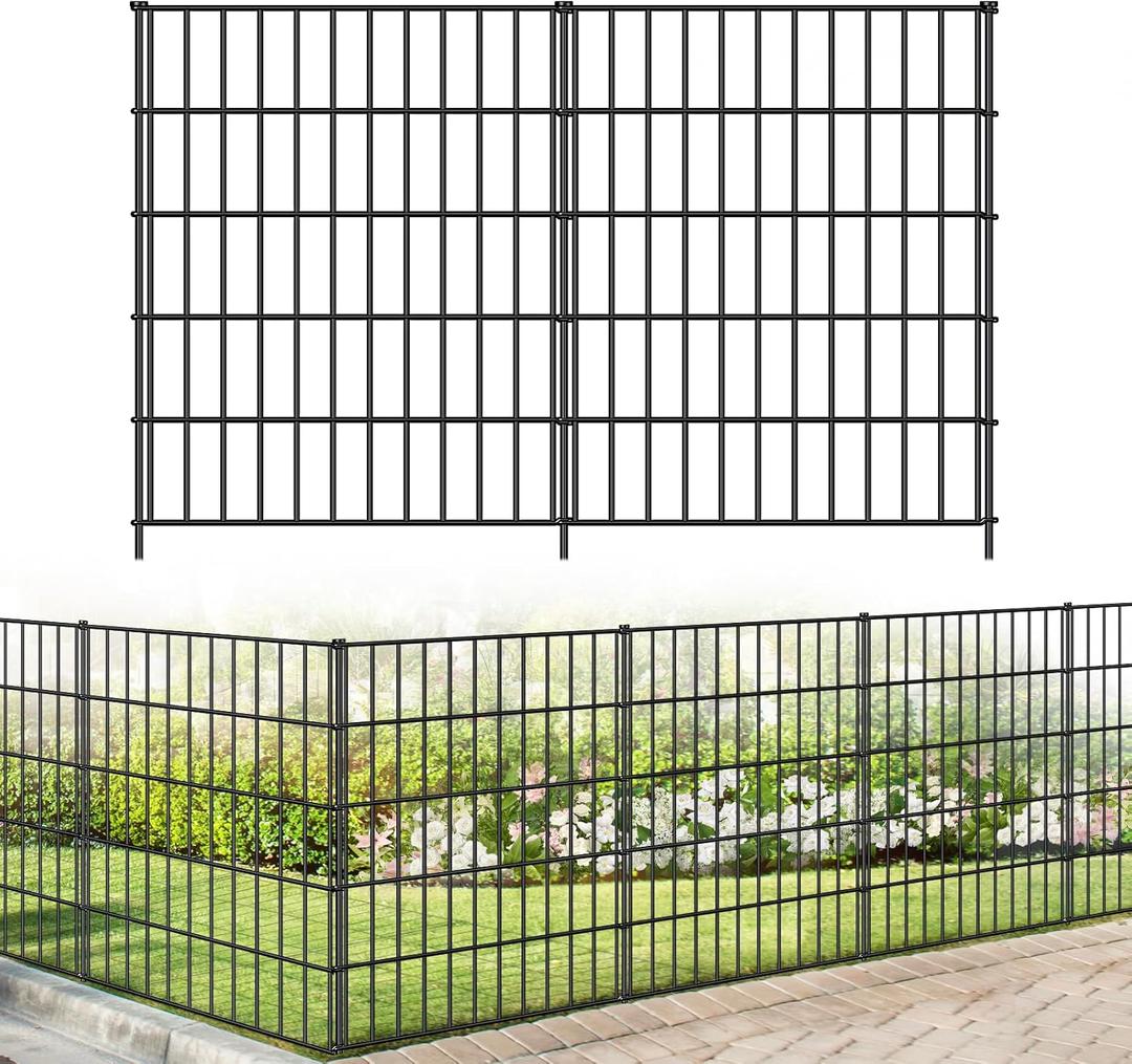 FOREHOGAR Metal Garden Fence 33.3in (H) x 23.3ft (L), 10 Panels + 11 Stakes Dog Fence Border Fence Animal Barrier, No Dig Garden Fencing for Yard Flower Bed Lawn Patio Outdoor, PIN332810 Black
