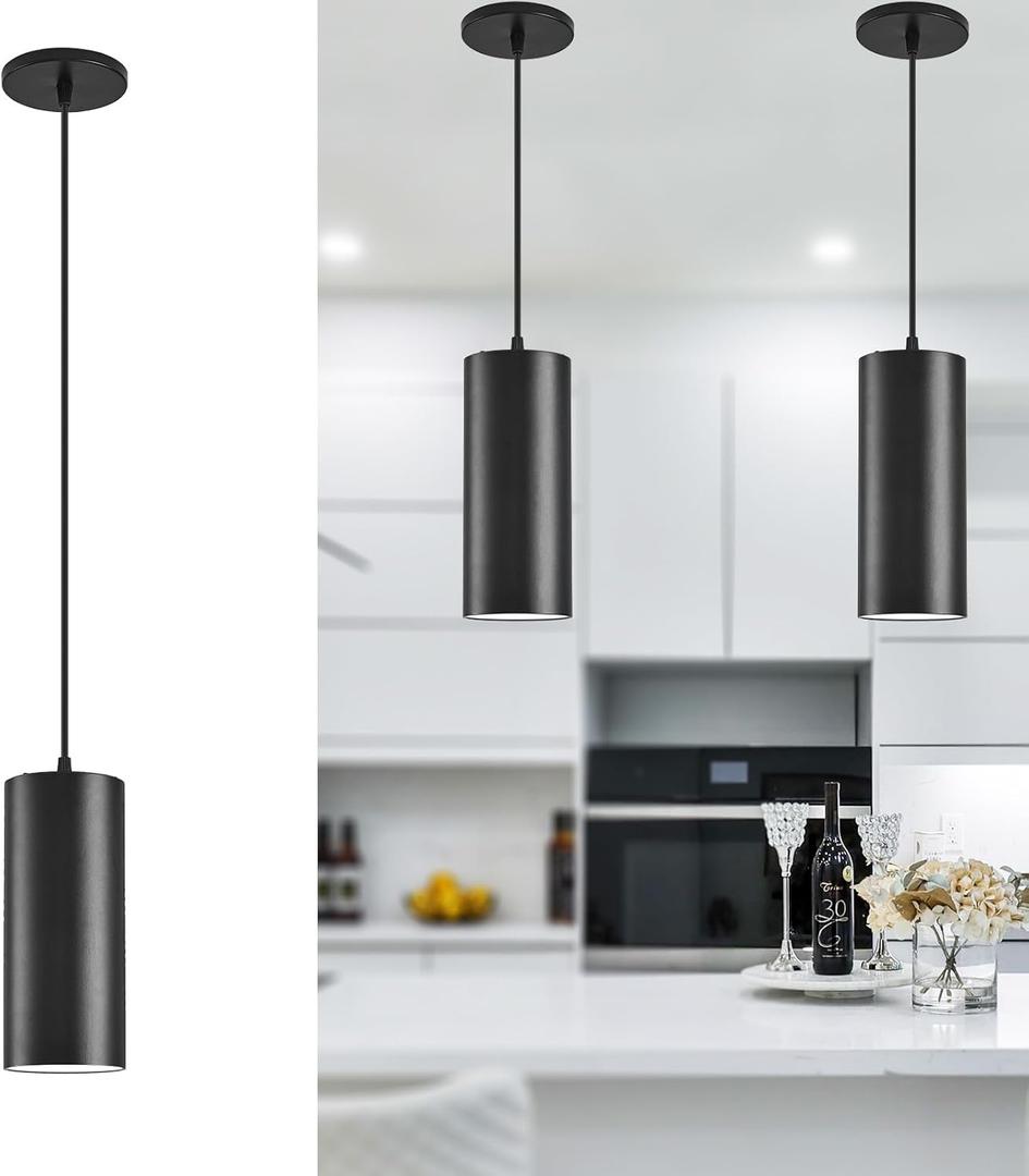 4" Pendant Lights Kitchen Island, 25W Cylinder Hanging Lights with Dipswitch, Modern Eye Care Led Pendant Lamp fixtures for Bedroom, Living Room, Office (Black, 2 Pcs)