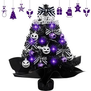 Syhood 1 Pack 18 Inch Mini Black Christmas Tree Set with Lights Christmas Small Tabletop Tree Decoration for Holiday Home Office Xmas Party Desktop Decor