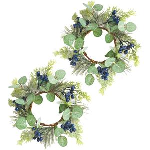 2Pcs Christmas Candle Rings Artificial Eucalyptus Leaves with Blue Berry Norfolk Pine Wreath Small Boho Wreath Pillar Candle Holder for Wedding Home Door Tabletop Decoration (Blue)